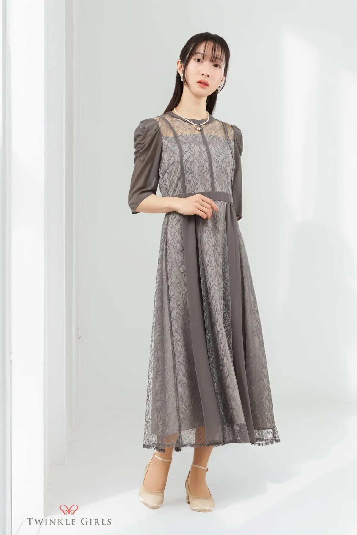 パーティードレス 結婚式ワンピース ドレス レディース ロング丈 袖あり シフォン×レース 上品 M partydress1831 - パーティードレス通販TwinkleGIrls