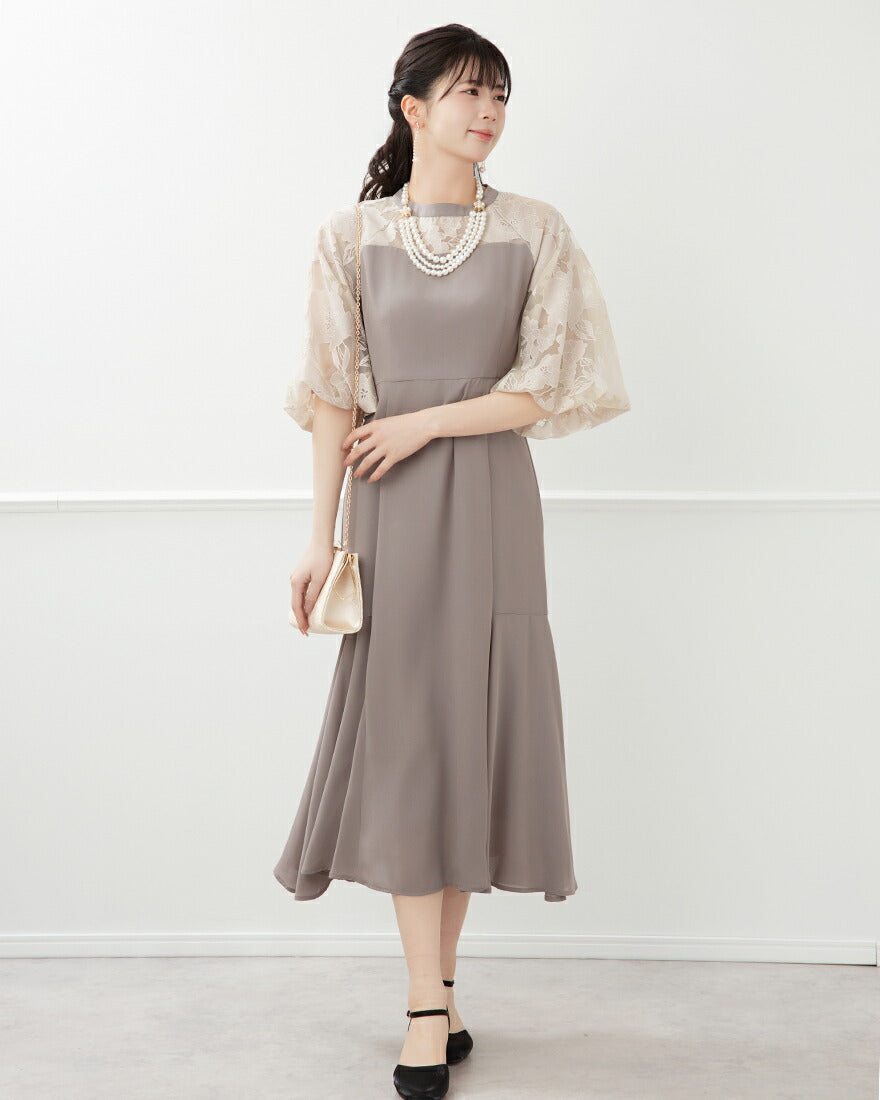 ドレスパーティードレス結婚式ワンピースお呼ばれロング春夏フォーマルプリーツパーティーレースロングドレス袖あり大きいサイズ