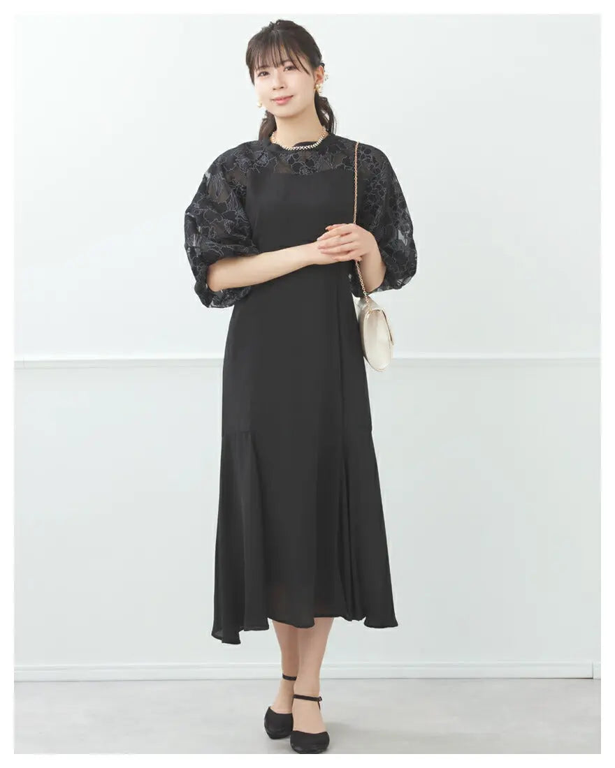 ドレスパーティードレス結婚式ワンピースお呼ばれロング春夏フォーマルプリーツパーティーレースロングドレス袖あり大きいサイズ