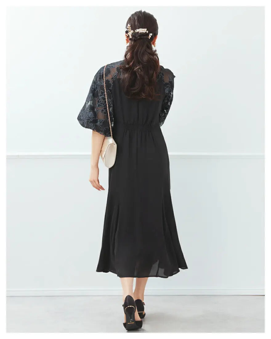 ドレスパーティードレス結婚式ワンピースお呼ばれロング春夏フォーマルプリーツパーティーレースロングドレス袖あり大きいサイズ