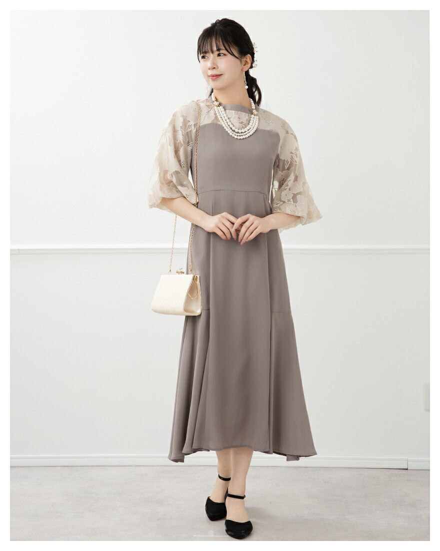 ドレスパーティードレス結婚式ワンピースお呼ばれロング春夏フォーマルプリーツパーティーレースロングドレス袖あり大きいサイズ