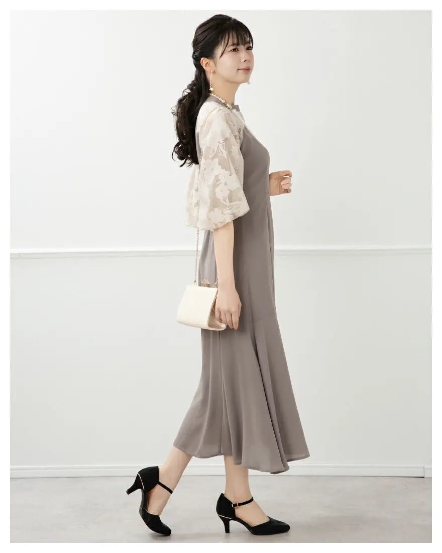 ドレスパーティードレス結婚式ワンピースお呼ばれロング春夏フォーマルプリーツパーティーレースロングドレス袖あり大きいサイズ