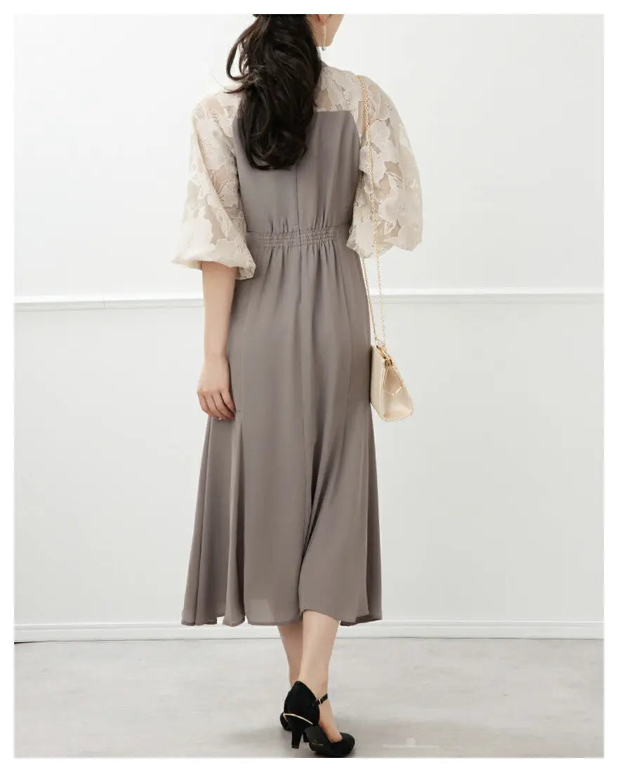 ドレスパーティードレス結婚式ワンピースお呼ばれロング春夏フォーマルプリーツパーティーレースロングドレス袖あり大きいサイズ