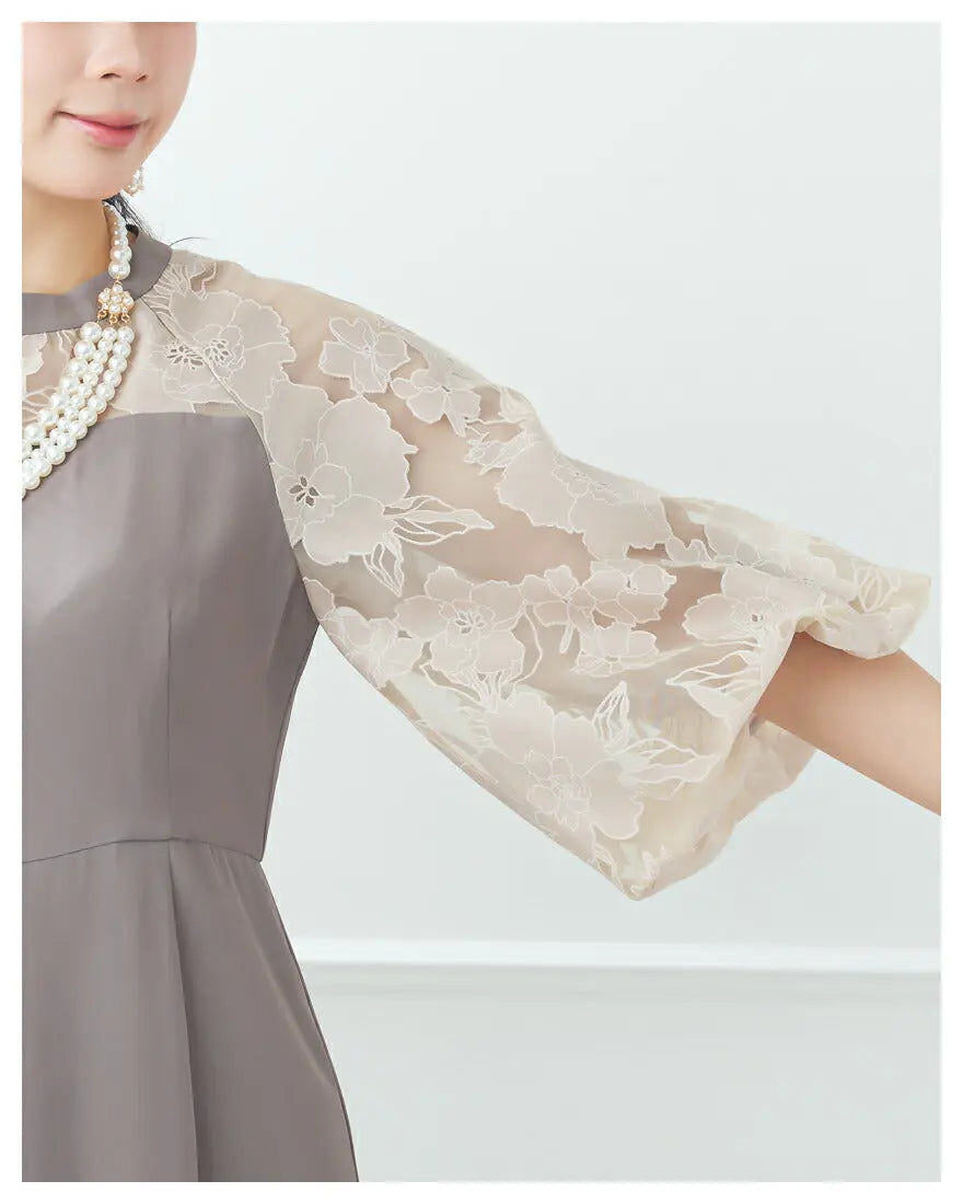 ドレスパーティードレス結婚式ワンピースお呼ばれロング春夏フォーマルプリーツパーティーレースロングドレス袖あり大きいサイズ