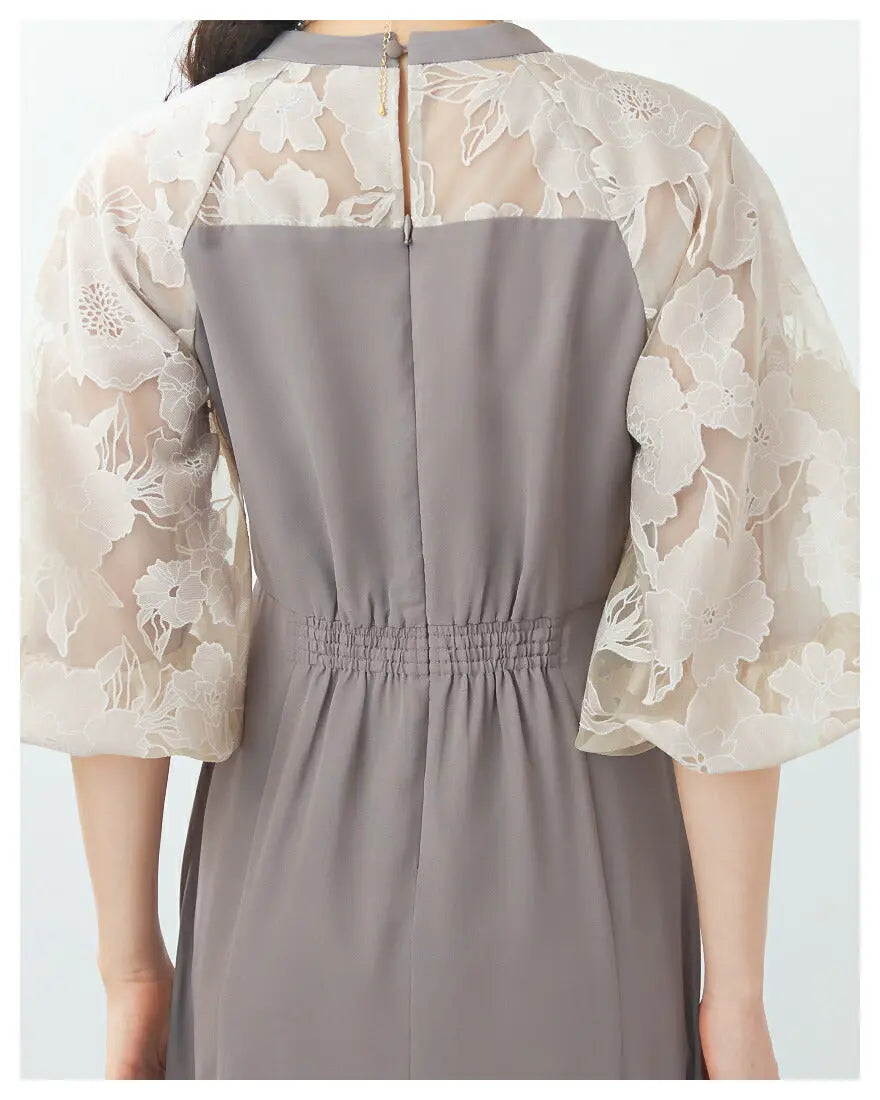 ドレスパーティードレス結婚式ワンピースお呼ばれロング春夏フォーマルプリーツパーティーレースロングドレス袖あり大きいサイズ