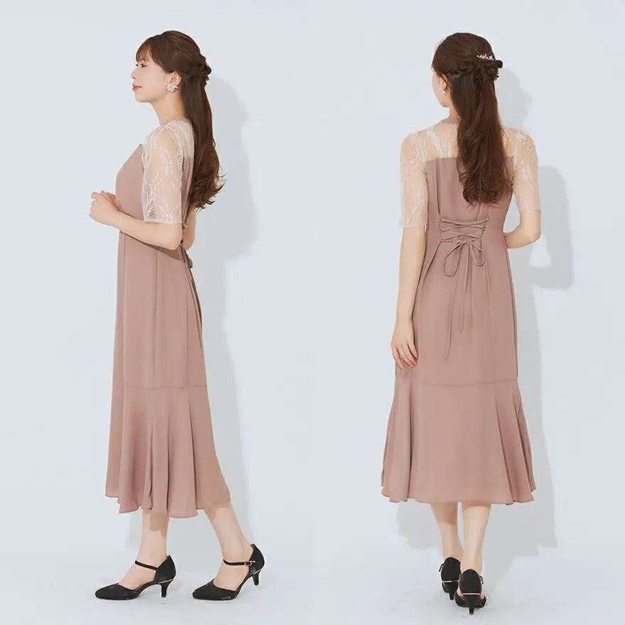 ドレスパーティードレス結婚式ワンピースお呼ばれロング春夏フォーマルプリーツパーティーレースロングドレス袖あり大きいサイズ