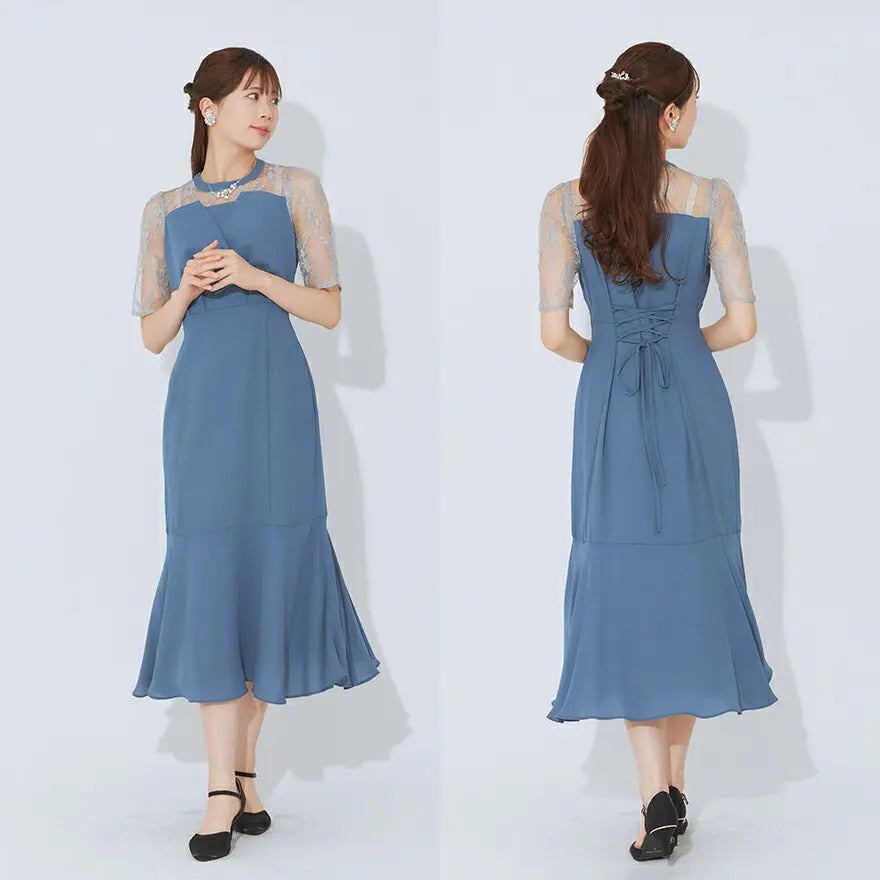 ドレスパーティードレス結婚式ワンピースお呼ばれロング春夏フォーマルプリーツパーティーレースロングドレス袖あり大きいサイズ