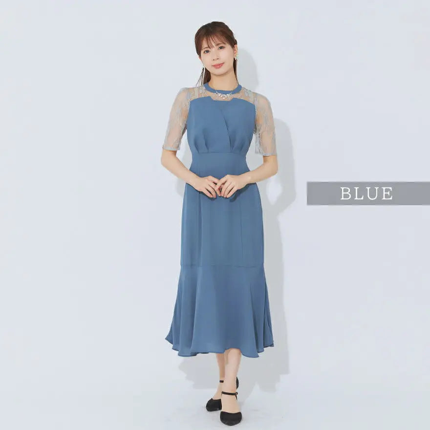 ドレスパーティードレス結婚式ワンピースお呼ばれロング春夏フォーマルプリーツパーティーレースロングドレス袖あり大きいサイズ