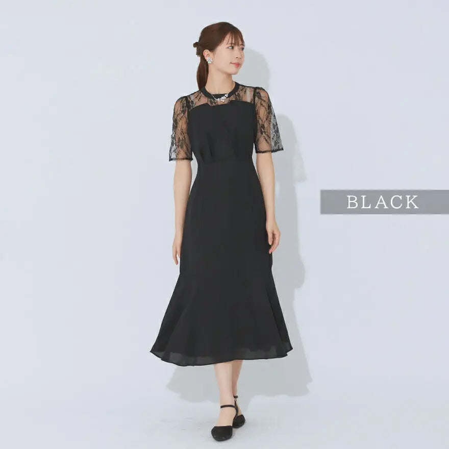 ドレスパーティードレス結婚式ワンピースお呼ばれロング春夏フォーマルプリーツパーティーレースロングドレス袖あり大きいサイズ