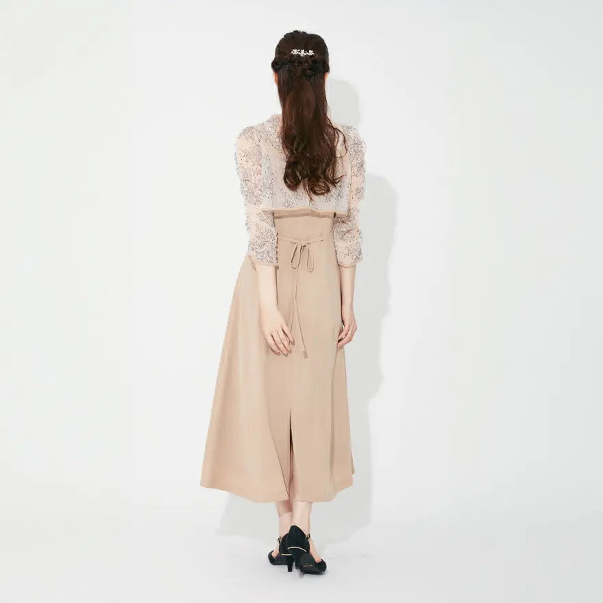 ドレスパーティードレス結婚式ワンピースお呼ばれロング春夏フォーマルプリーツパーティーレースロングドレス袖あり大きいサイズ