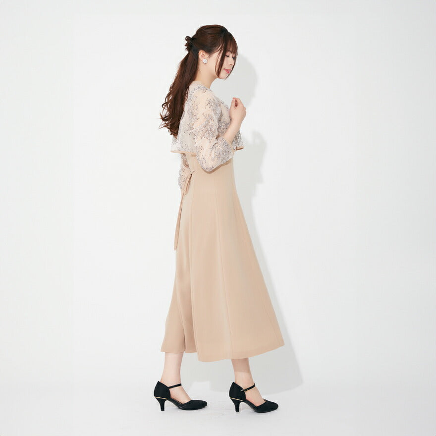 ドレスパーティードレス結婚式ワンピースお呼ばれロング春夏フォーマルプリーツパーティーレースロングドレス袖あり大きいサイズ