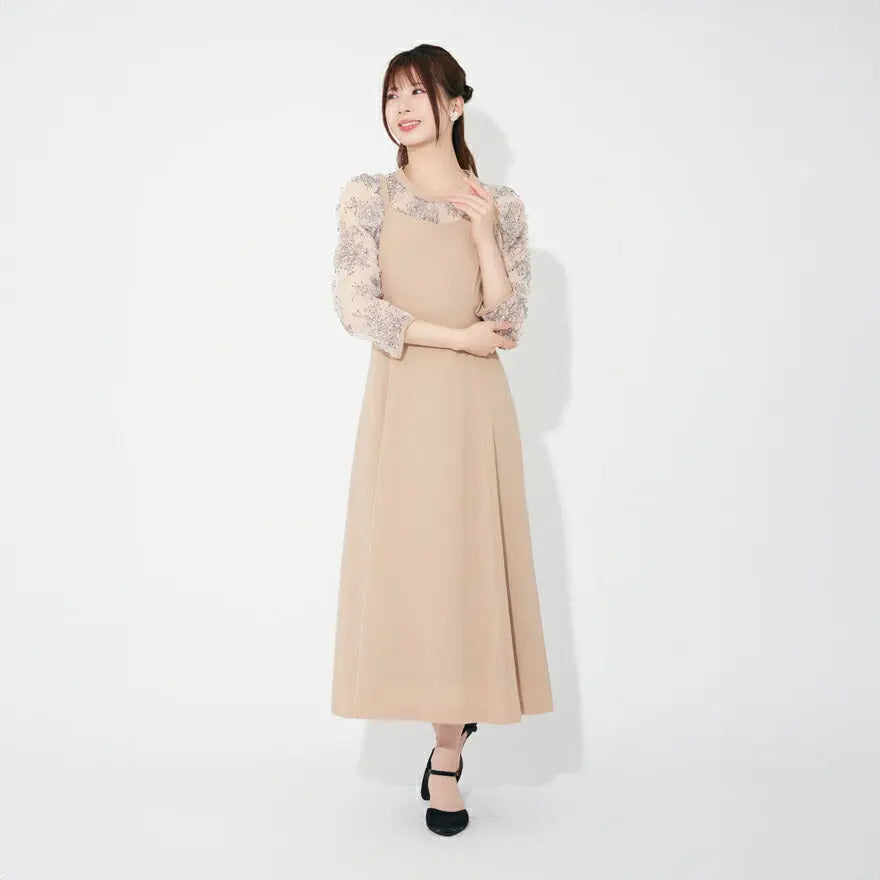 ドレスパーティードレス結婚式ワンピースお呼ばれロング春夏フォーマルプリーツパーティーレースロングドレス袖あり大きいサイズ