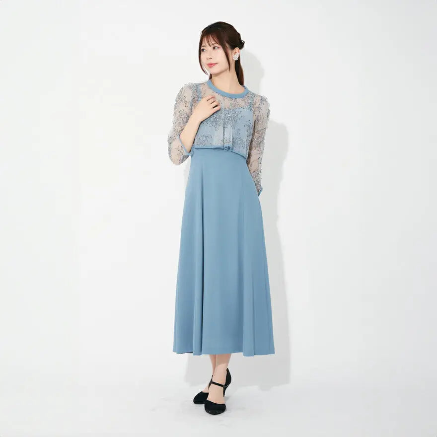 ブルーグレーのシアーレースボレロセット上品な正面全身