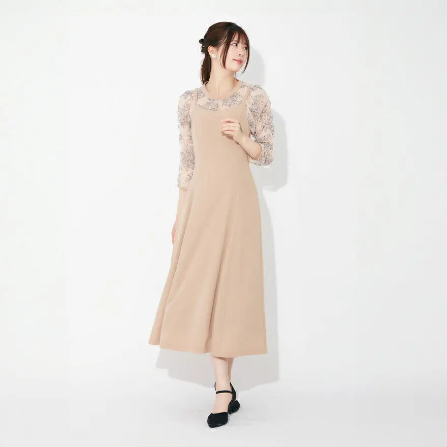 ドレスパーティードレス結婚式ワンピースお呼ばれロング春夏フォーマルプリーツパーティーレースロングドレス袖あり大きいサイズ