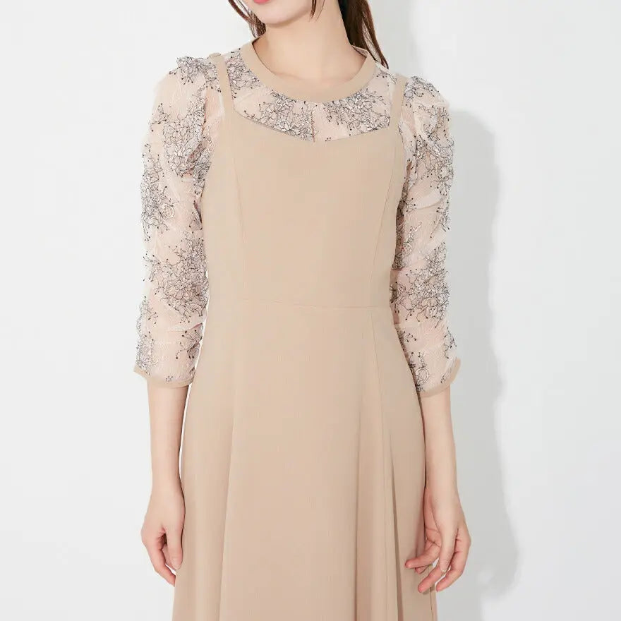 ドレスパーティードレス結婚式ワンピースお呼ばれロング春夏フォーマルプリーツパーティーレースロングドレス袖あり大きいサイズ