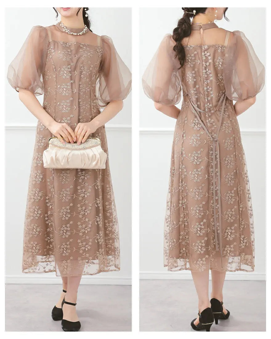 ドレスパーティードレス結婚式ワンピースお呼ばれロング春夏フォーマルプリーツパーティーレースロングドレス袖あり大きいサイズ