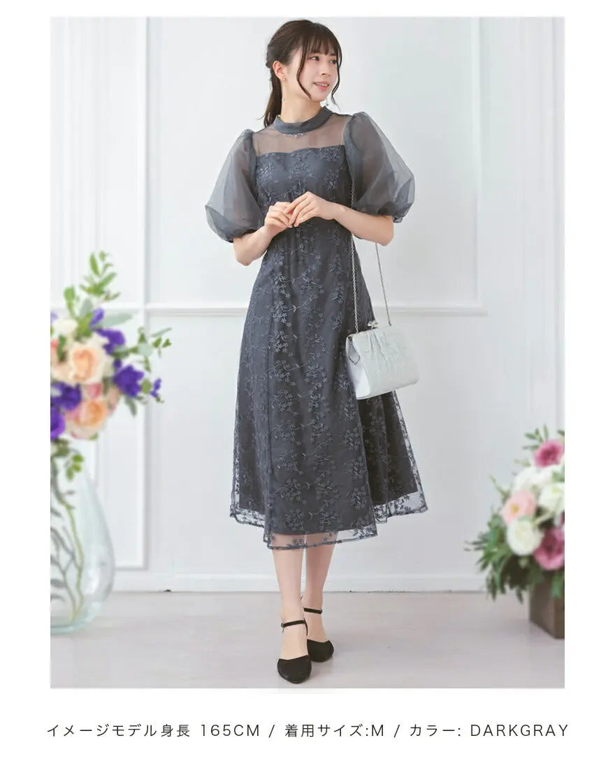 ドレスパーティードレス結婚式ワンピースお呼ばれロング春夏フォーマルプリーツパーティーレースロングドレス袖あり大きいサイズ