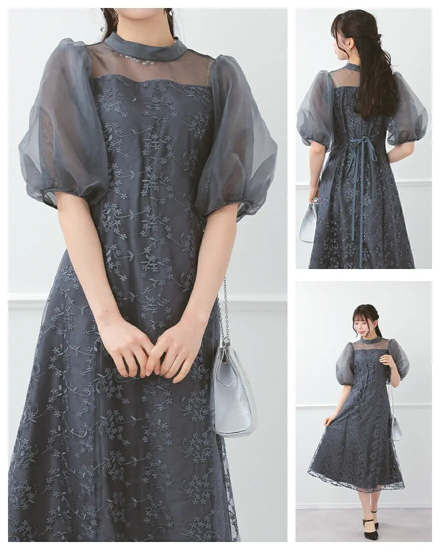 ドレスパーティードレス結婚式ワンピースお呼ばれロング春夏フォーマルプリーツパーティーレースロングドレス袖あり大きいサイズ