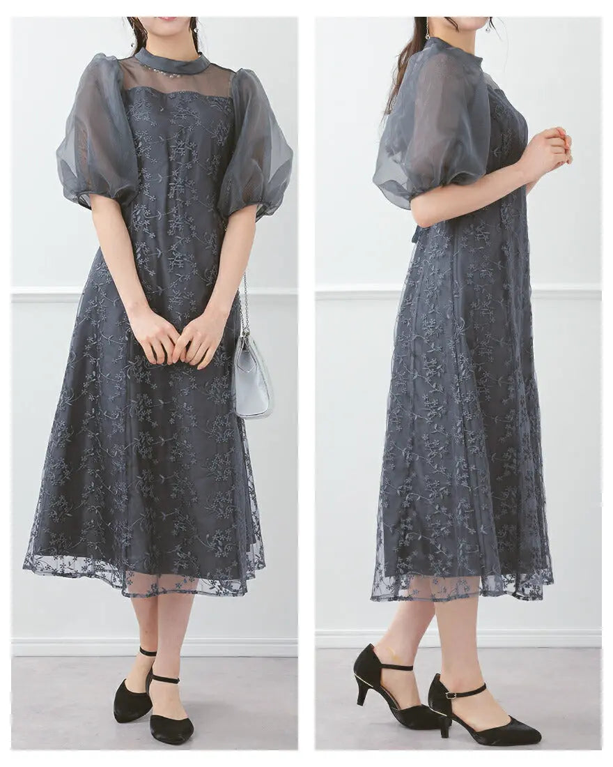 ドレスパーティードレス結婚式ワンピースお呼ばれロング春夏フォーマルプリーツパーティーレースロングドレス袖あり大きいサイズ