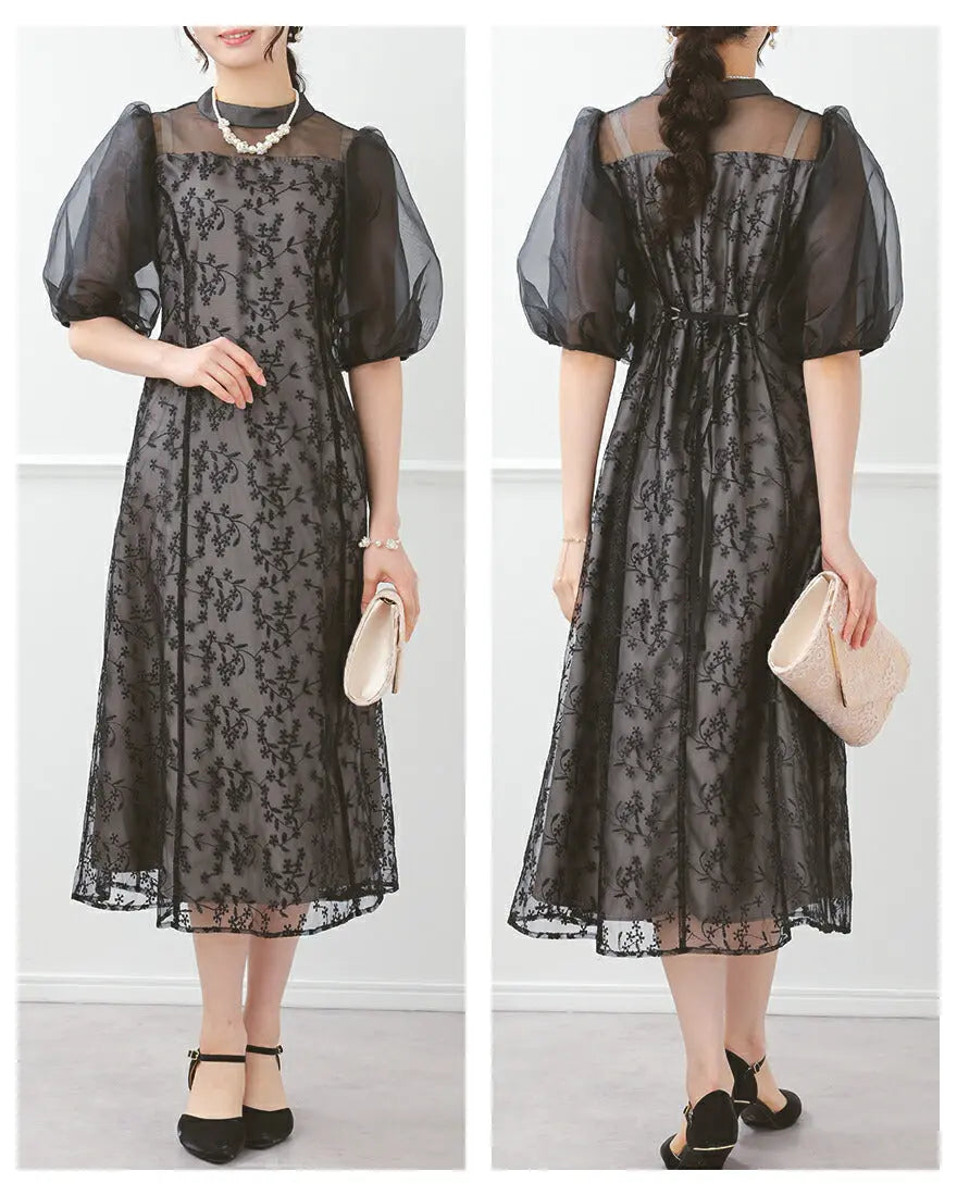 大きめパフスリーブと小花柄の刺繍レースワンピースドレスパーティードレス結婚式お呼ばれドレスワンピースロングボレロ秋冬フォーマルレースパーティーロングドレス袖あり大きいサイズ