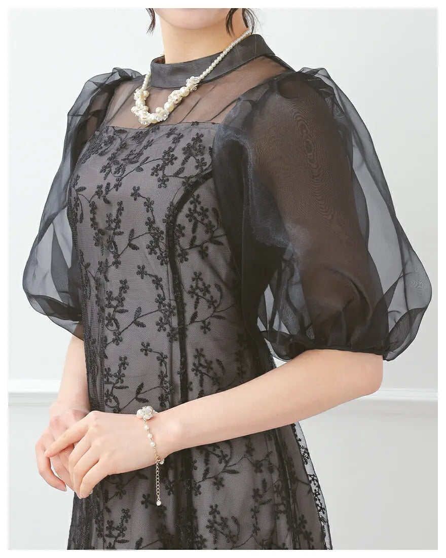 ドレスパーティードレス結婚式ワンピースお呼ばれロング春夏フォーマルプリーツパーティーレースロングドレス袖あり大きいサイズ