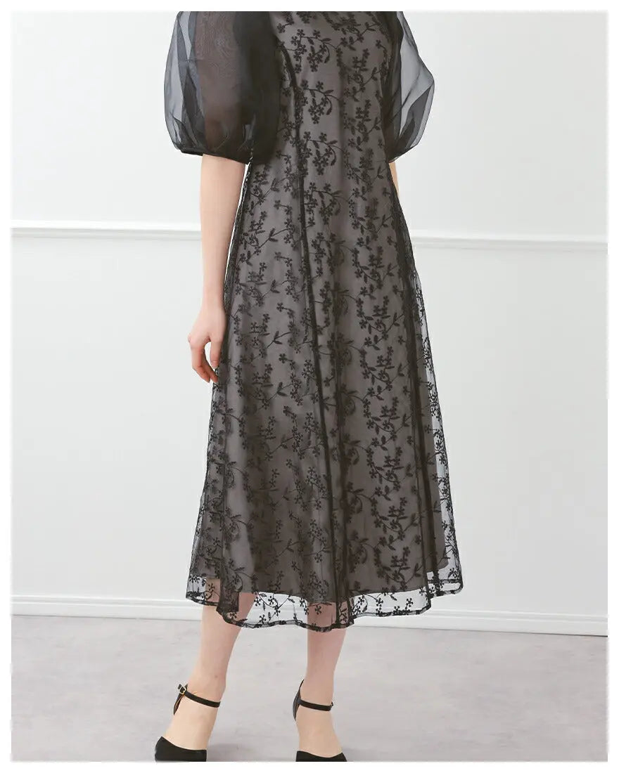 ドレスパーティードレス結婚式ワンピースお呼ばれロング春夏フォーマルプリーツパーティーレースロングドレス袖あり大きいサイズ