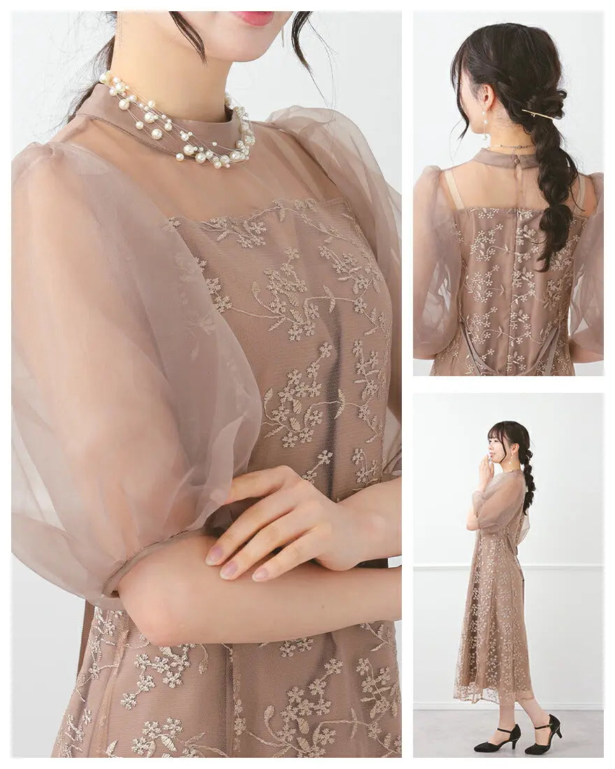 ドレスパーティードレス結婚式ワンピースお呼ばれロング春夏フォーマルプリーツパーティーレースロングドレス袖あり大きいサイズ