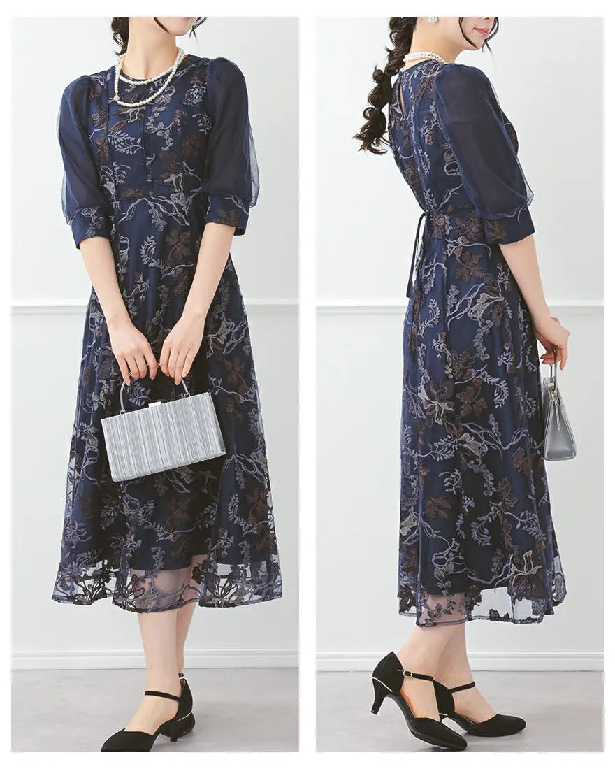 ドレスパーティードレス結婚式ワンピースお呼ばれロング春夏フォーマルプリーツパーティーレースロングドレス袖あり大きいサイズ