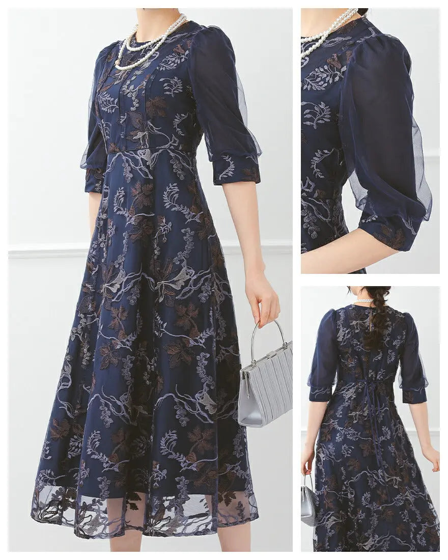 ドレスパーティードレス結婚式ワンピースお呼ばれロング春夏フォーマルプリーツパーティーレースロングドレス袖あり大きいサイズ