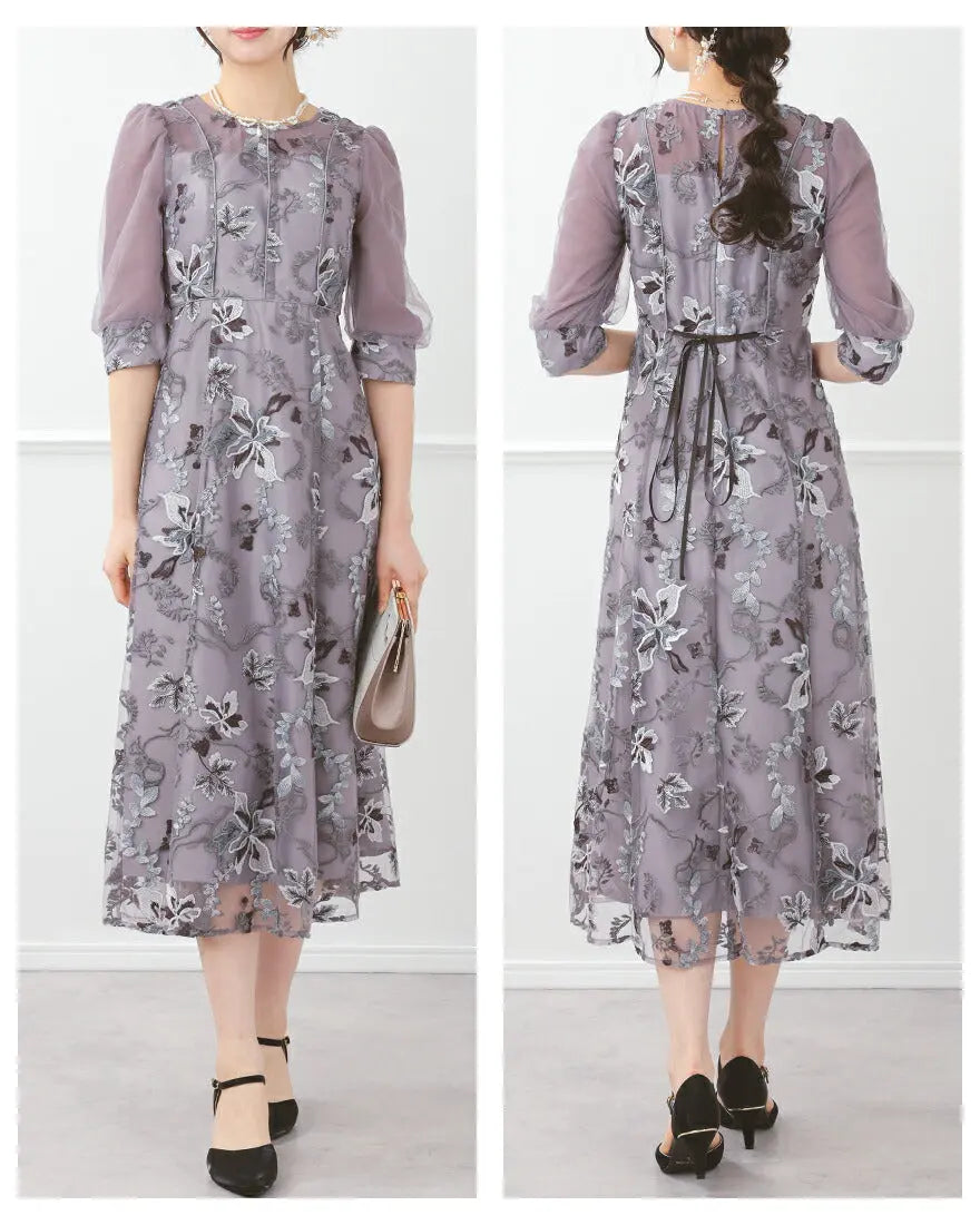 ドレスパーティードレス結婚式ワンピースお呼ばれロング春夏フォーマルプリーツパーティーレースロングドレス袖あり大きいサイズ