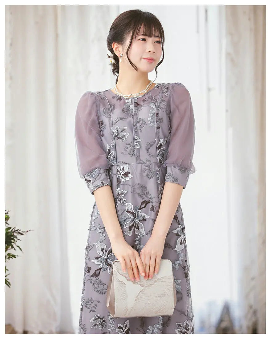 ドレスパーティードレス結婚式ワンピースお呼ばれロング春夏フォーマルプリーツパーティーレースロングドレス袖あり大きいサイズ