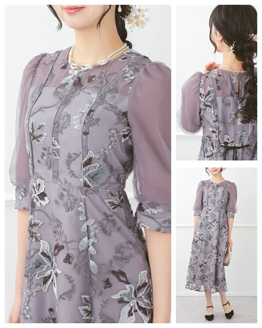 ドレスパーティードレス結婚式ワンピースお呼ばれロング春夏フォーマルプリーツパーティーレースロングドレス袖あり大きいサイズ