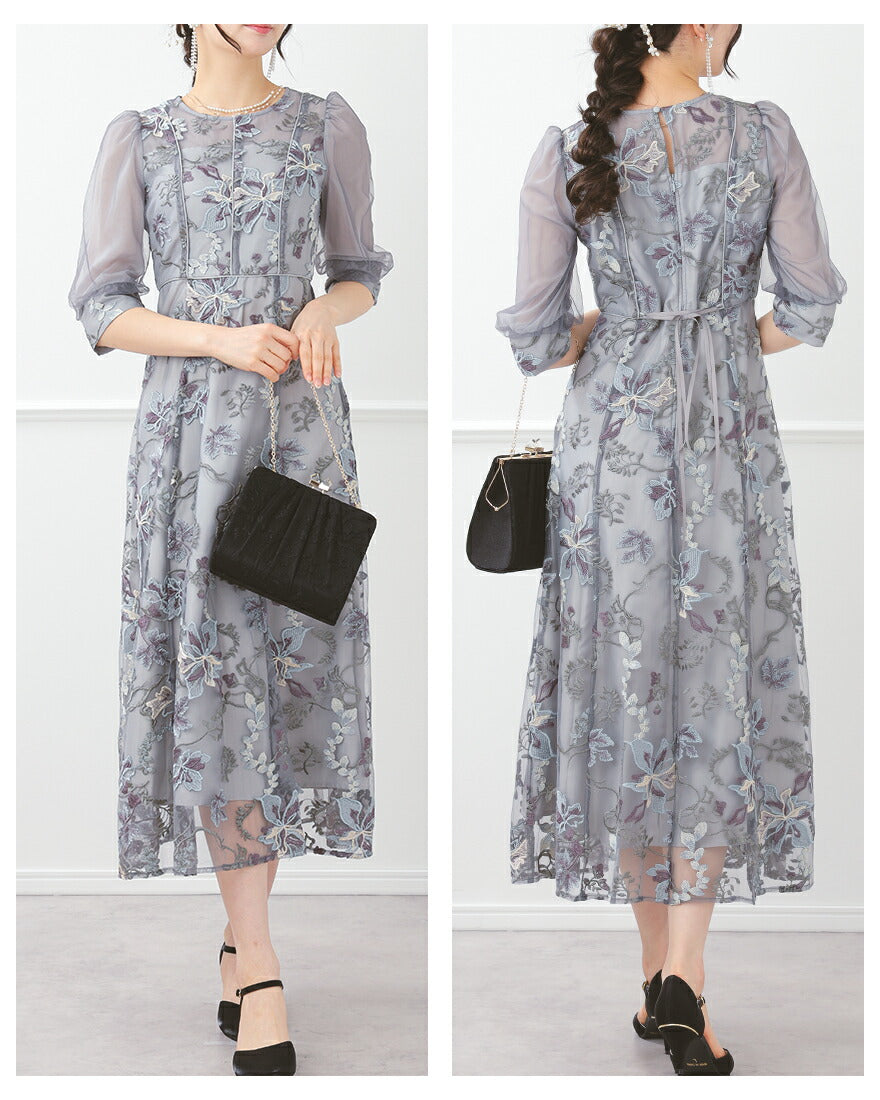 ドレスパーティードレス結婚式ワンピースお呼ばれロング春夏フォーマルプリーツパーティーレースロングドレス袖あり大きいサイズ