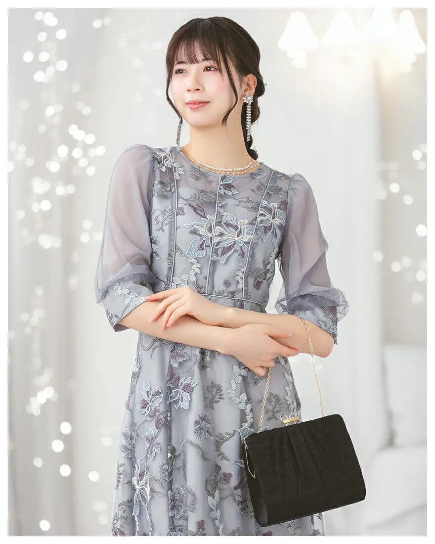 ドレスパーティードレス結婚式ワンピースお呼ばれロング春夏フォーマルプリーツパーティーレースロングドレス袖あり大きいサイズ