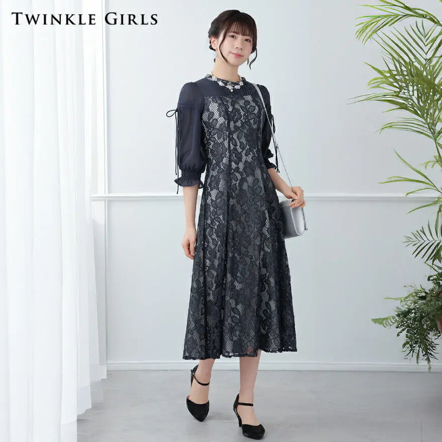 ドロストスリーブフラワーレースドレス パーティードレス 結婚式お呼ばれ ドレス ワンピース  ロング 春夏 フォーマル レース パーティー ロングドレス 袖あり 大きいサイズ