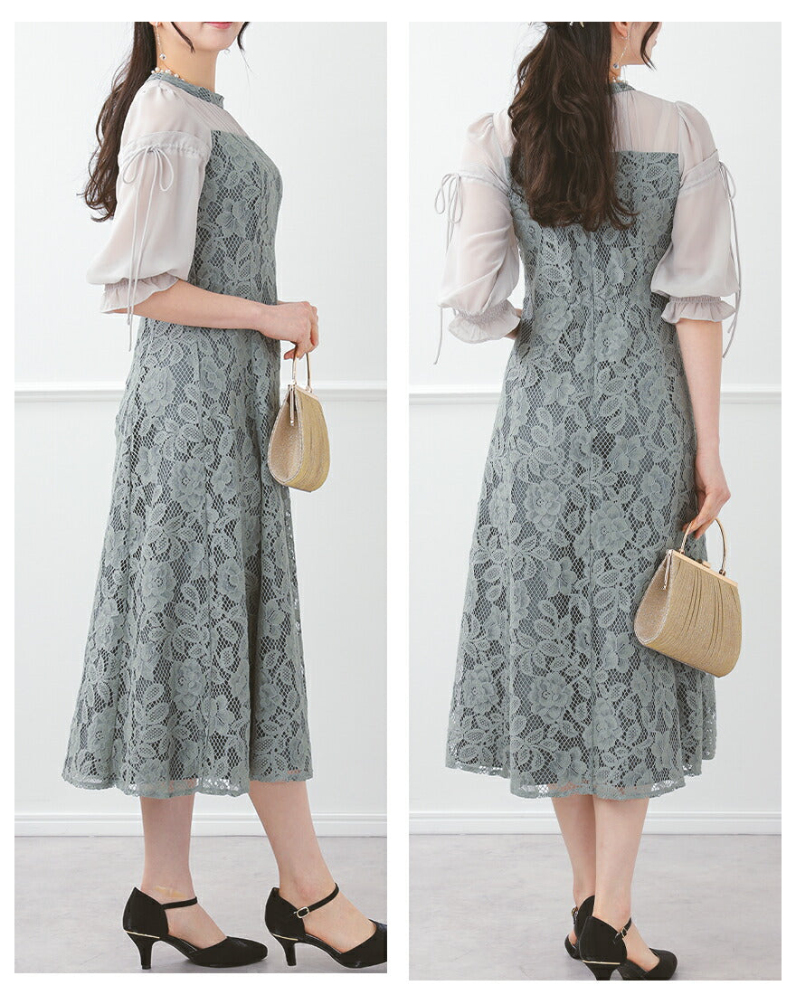 ドレスパーティードレス結婚式ワンピースお呼ばれロング春夏フォーマルプリーツパーティーレースロングドレス袖あり大きいサイズ