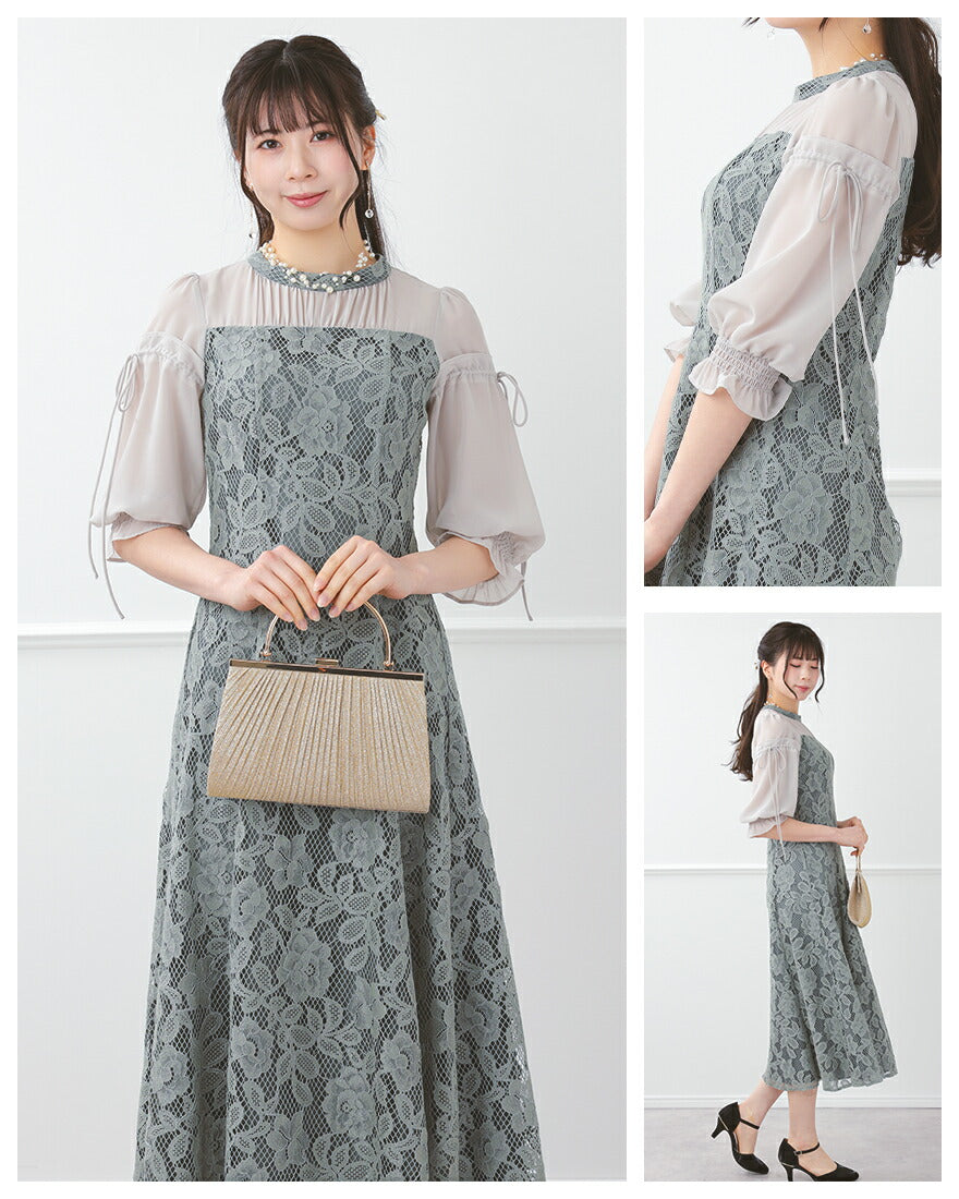 ドレスパーティードレス結婚式ワンピースお呼ばれロング春夏フォーマルプリーツパーティーレースロングドレス袖あり大きいサイズ