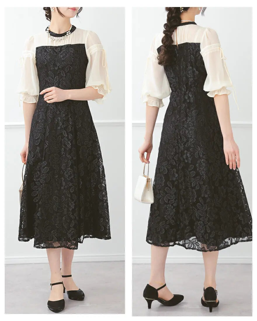 ドレスパーティードレス結婚式ワンピースお呼ばれロング春夏フォーマルプリーツパーティーレースロングドレス袖あり大きいサイズ