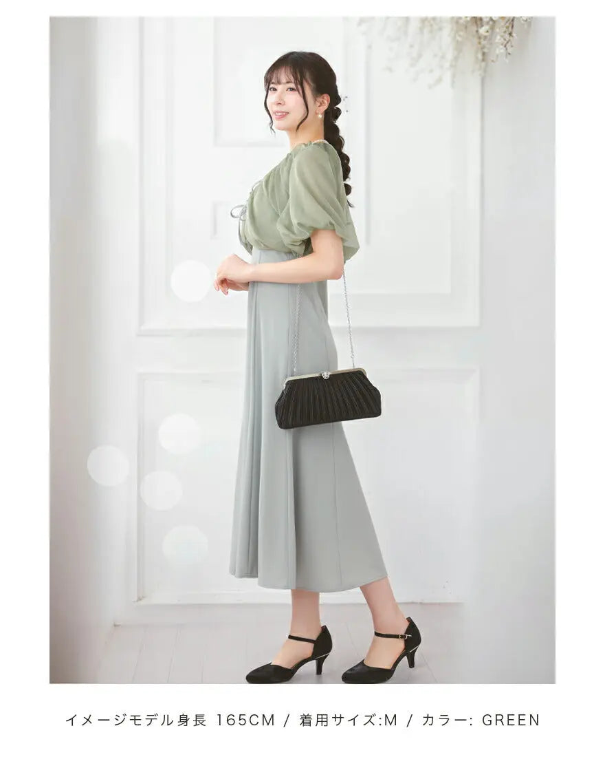 ドレスパーティードレス結婚式ワンピースお呼ばれロング春夏フォーマルプリーツパーティーレースロングドレス袖あり大きいサイズ