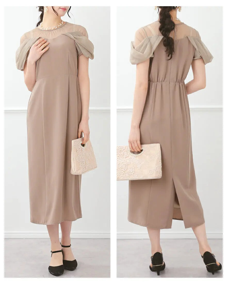 ドレスパーティードレス結婚式ワンピースお呼ばれロング春夏フォーマルプリーツパーティーレースロングドレス袖あり大きいサイズ