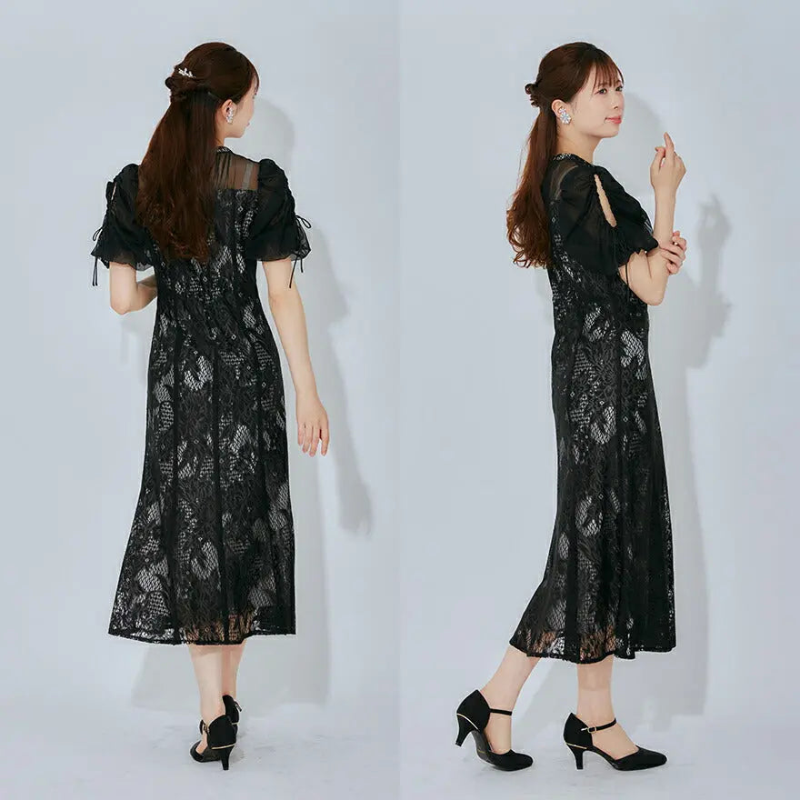 ドレスパーティードレス結婚式ワンピースお呼ばれロング春夏フォーマルプリーツパーティーレースロングドレス袖あり大きいサイズ