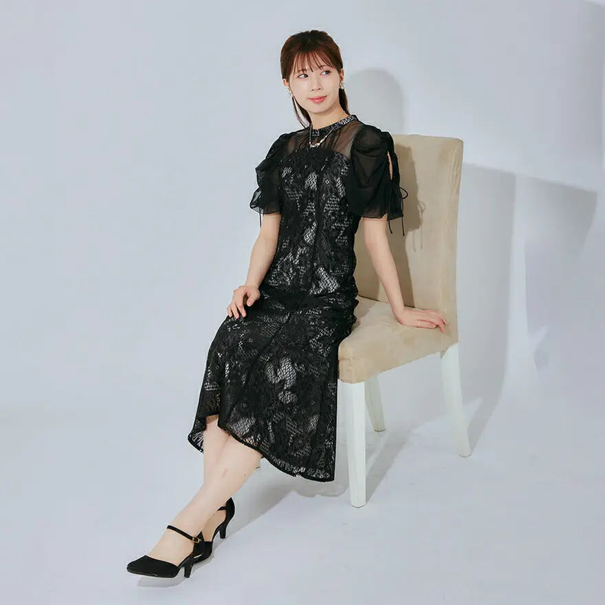 ドレスパーティードレス結婚式ワンピースお呼ばれロング春夏フォーマルプリーツパーティーレースロングドレス袖あり大きいサイズ