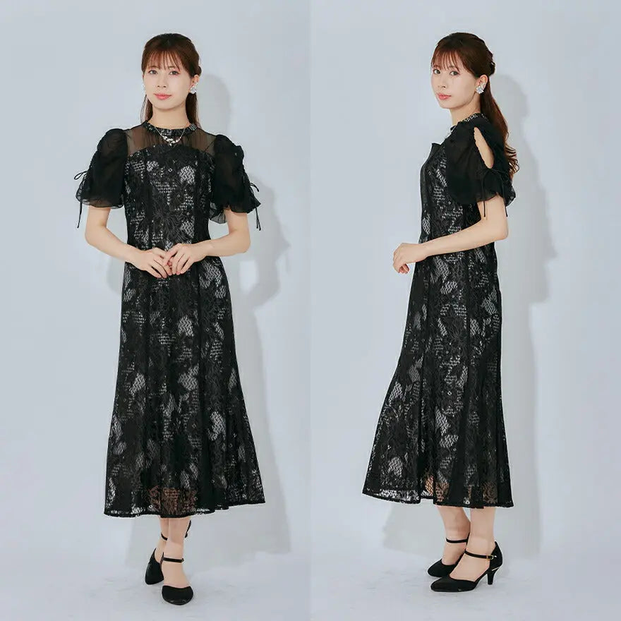 ドレスパーティードレス結婚式ワンピースお呼ばれロング春夏フォーマルプリーツパーティーレースロングドレス袖あり大きいサイズ