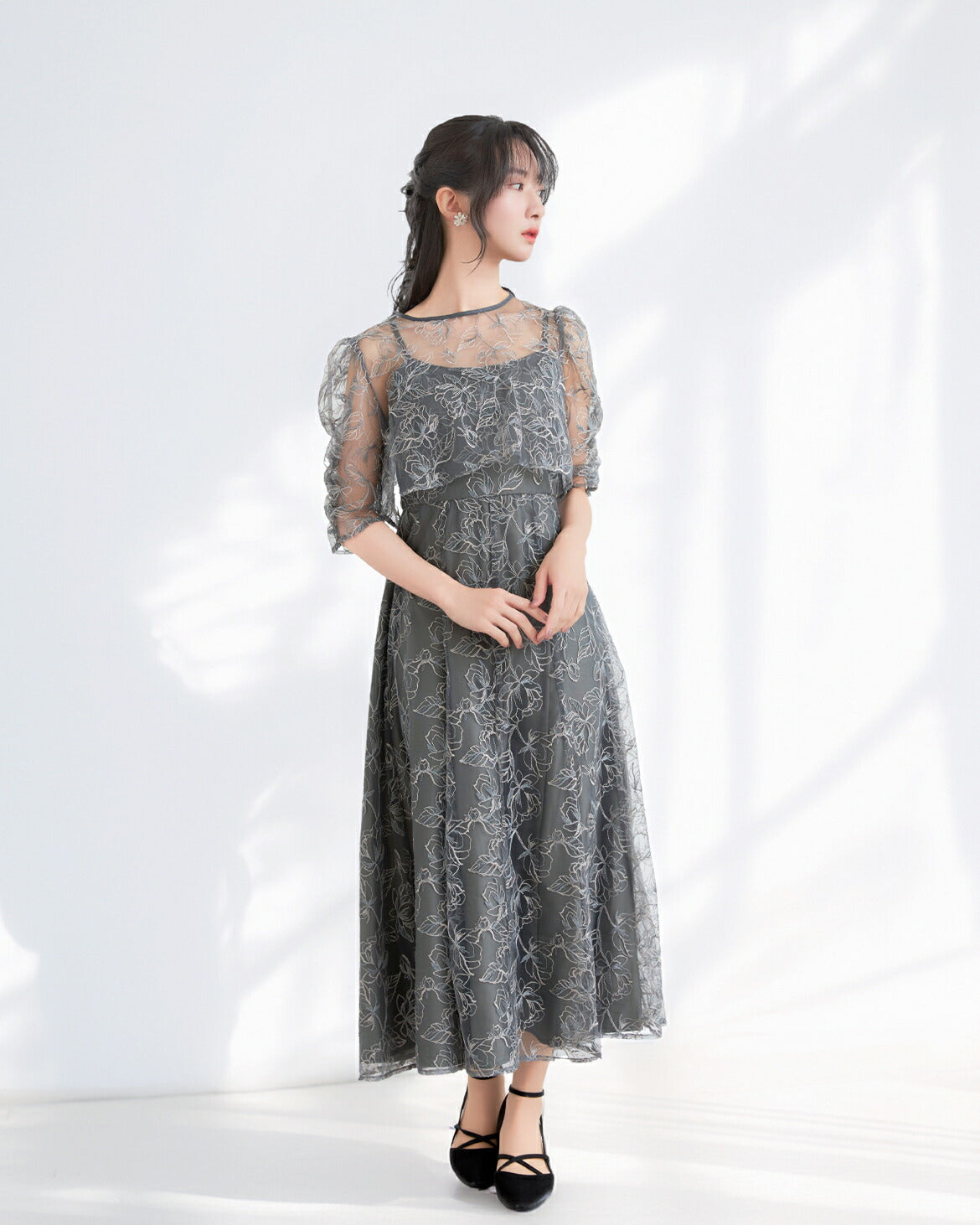 ドレスパーティードレス結婚式ワンピースお呼ばれロング春夏フォーマルプリーツパーティーレースロングドレス袖あり大きいサイズ