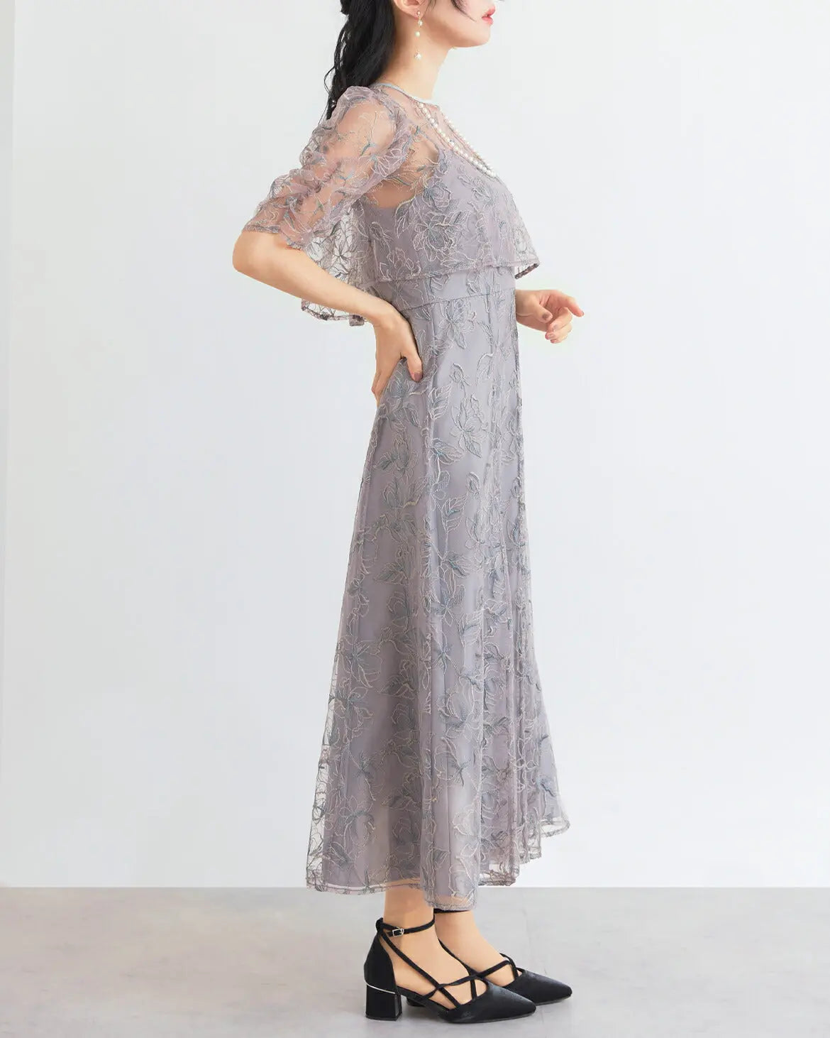 ドレスパーティードレス結婚式ワンピースお呼ばれロング春夏フォーマルプリーツパーティーレースロングドレス袖あり大きいサイズ