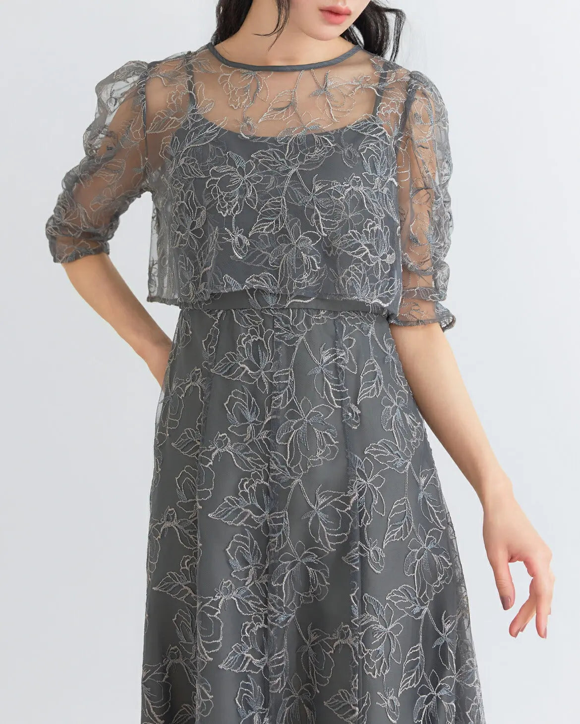 ドレスパーティードレス結婚式ワンピースお呼ばれロング春夏フォーマルプリーツパーティーレースロングドレス袖あり大きいサイズ