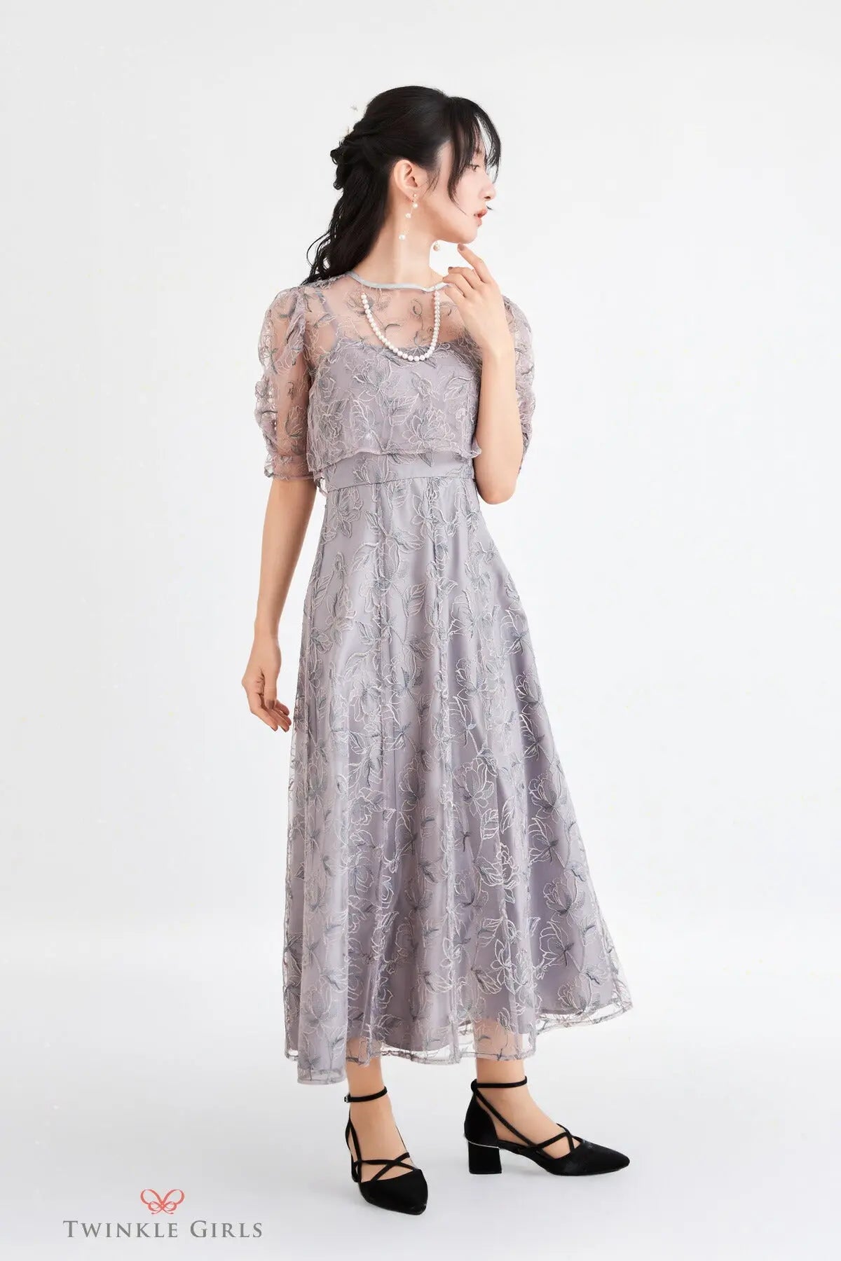 ドレスパーティードレス結婚式ワンピースお呼ばれロング春夏フォーマルプリーツパーティーレースロングドレス袖あり大きいサイズ