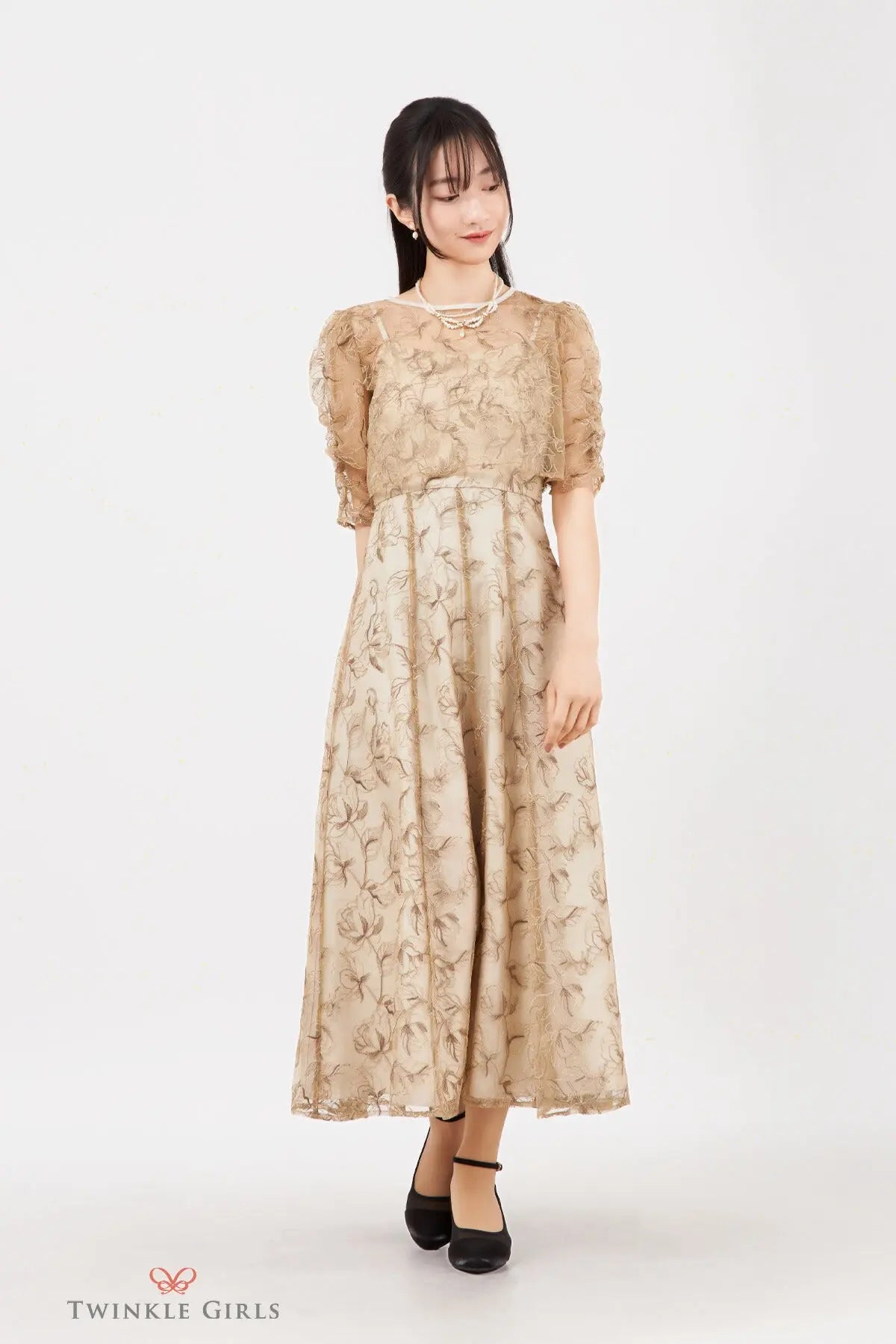 ドレスパーティードレス結婚式ワンピースお呼ばれロング春夏フォーマルプリーツパーティーレースロングドレス袖あり大きいサイズ