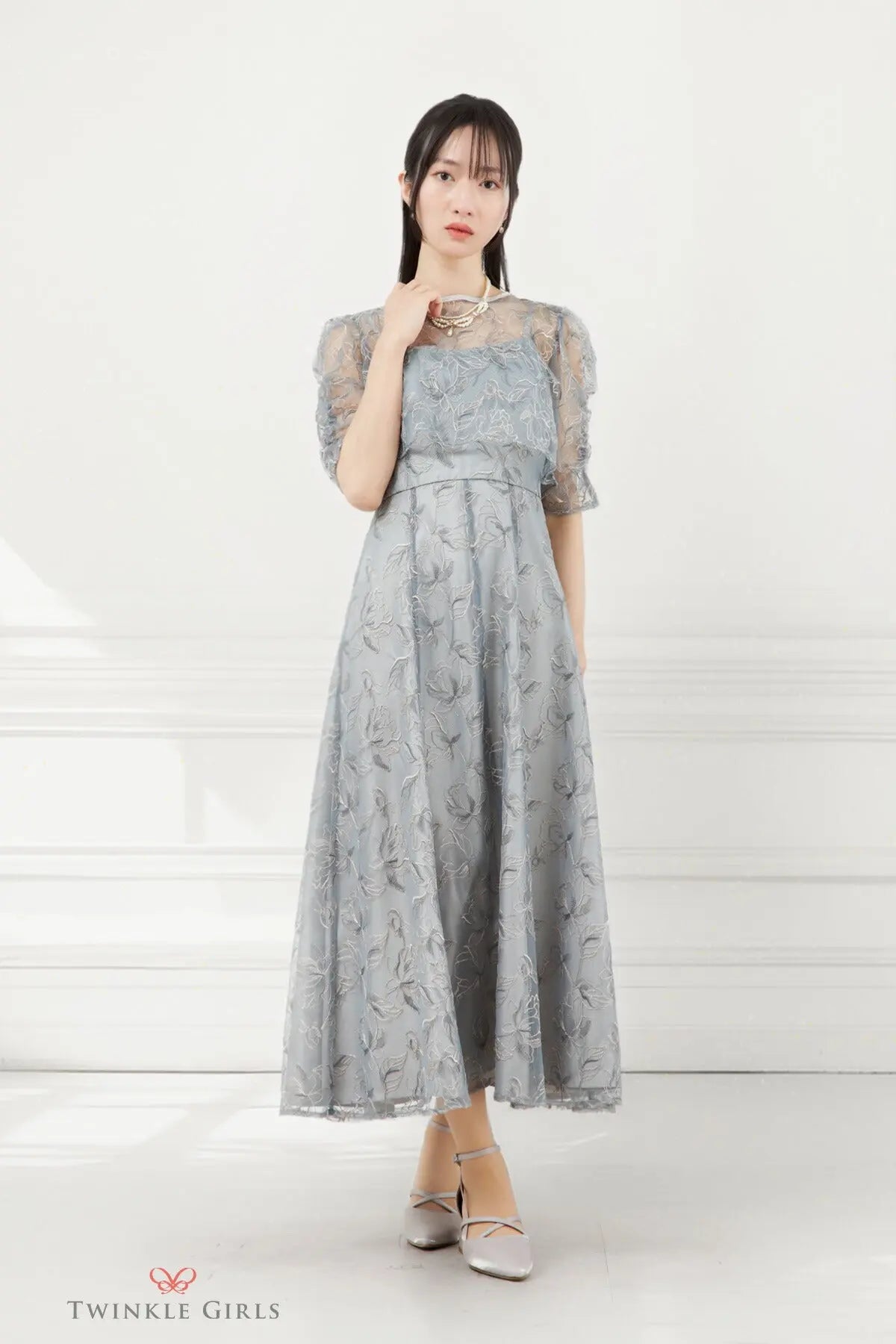 ドレスパーティードレス結婚式ワンピースお呼ばれロング春夏フォーマルプリーツパーティーレースロングドレス袖あり大きいサイズ