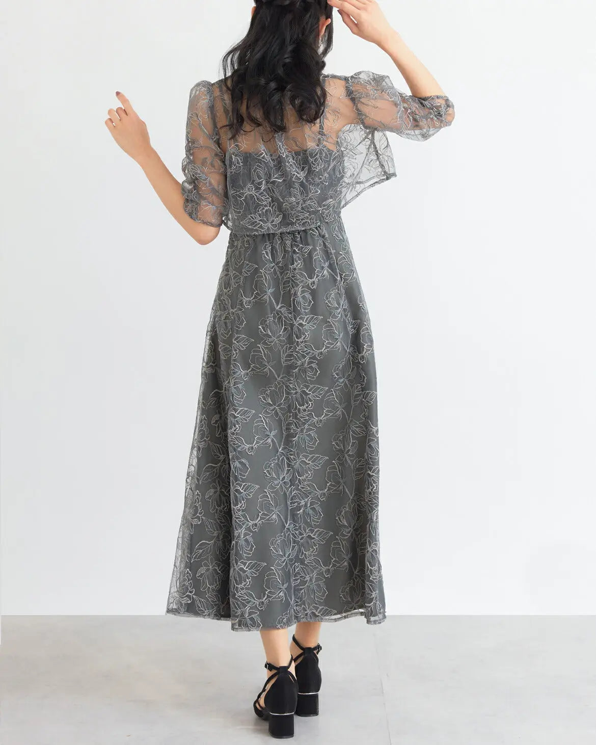 ドレスパーティードレス結婚式ワンピースお呼ばれロング春夏フォーマルプリーツパーティーレースロングドレス袖あり大きいサイズ